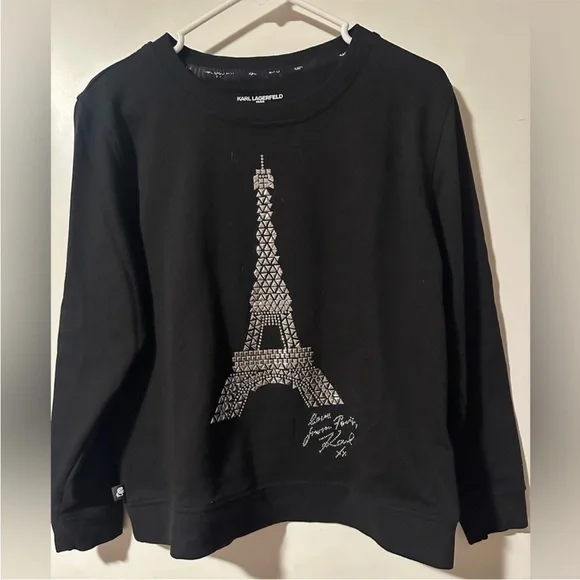 Karl Lagerfeld Black Crystal Studded Eiffel Tower Sweatshirt Silver Logo M - Picture 3 of 9